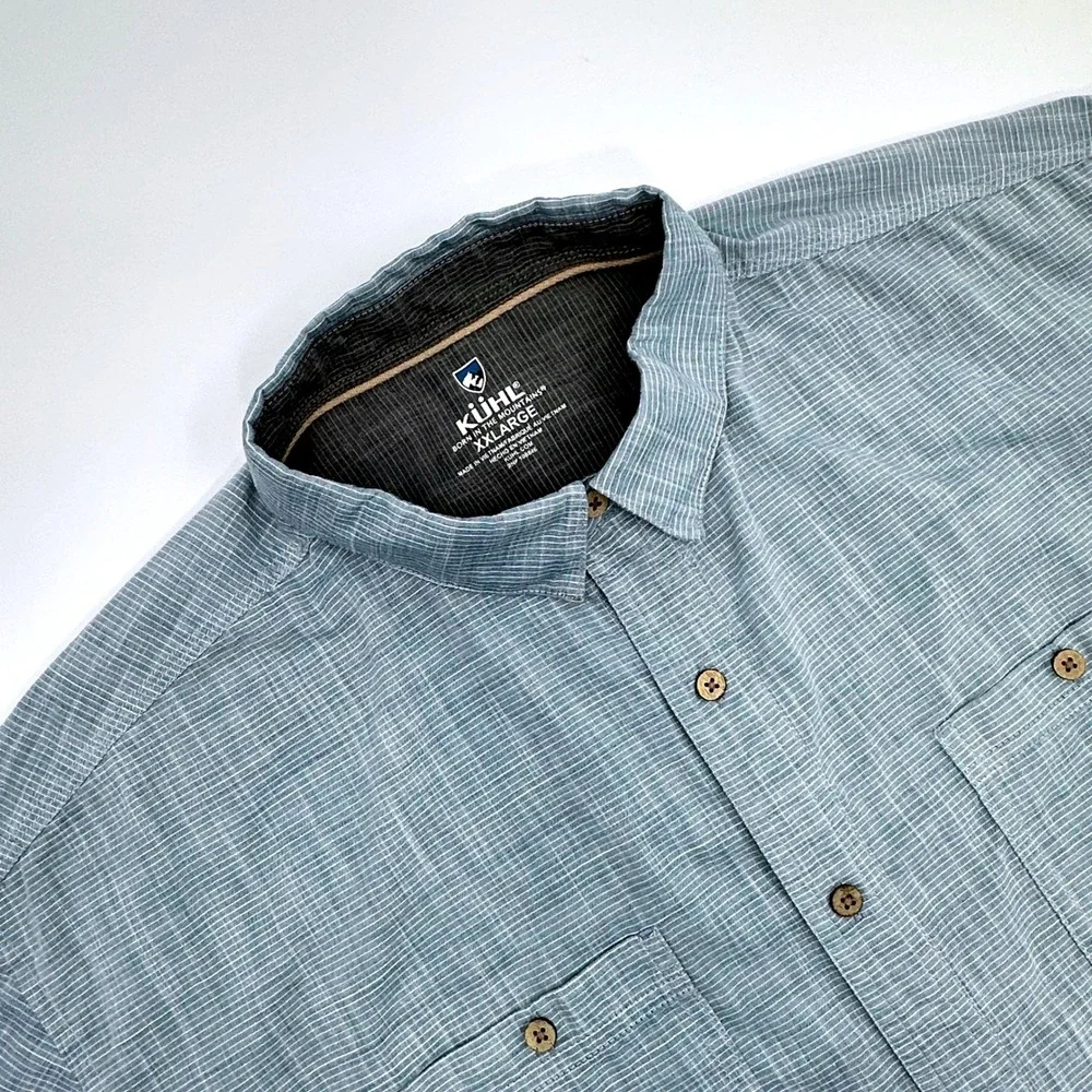 Kuhl Mens Short Sleeve Button Down Shirt Blue Grey Micro Stripe XXL RN 108846